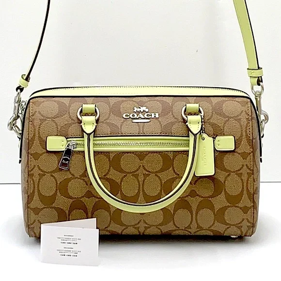 COACH  (83607) Rowan Khaki/Pale Lime Signature Medium Satchel Crossbody Handbag - Picture 2 of 16